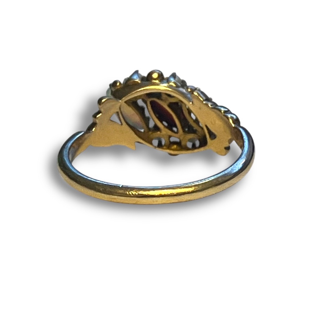 Antique 10k Gold Opal, Garnet & Seed Pearl Cluster Ring | Victorian-Edwardian - Picture 7 of 8